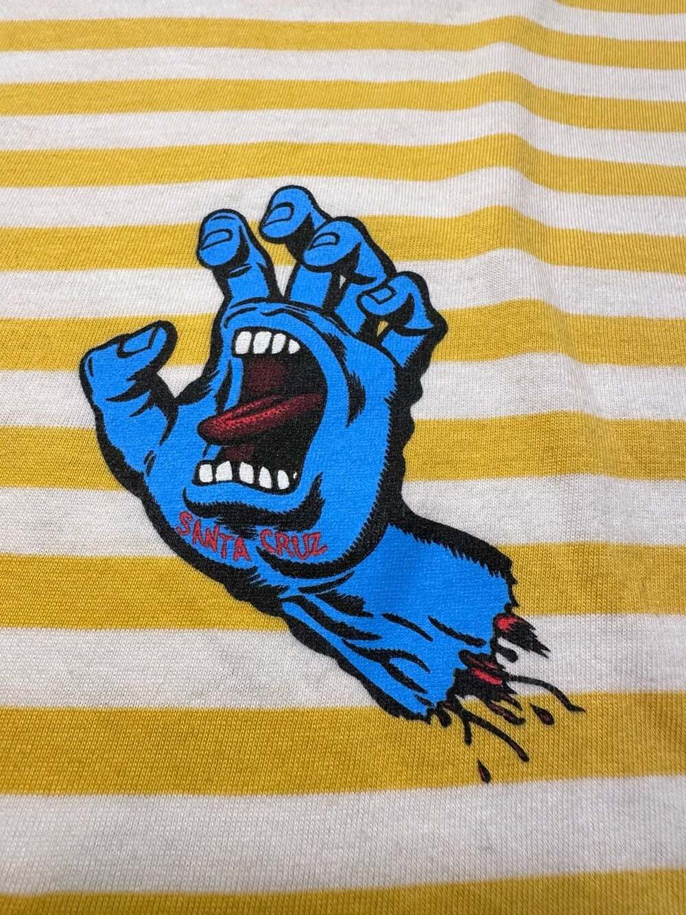 Santa Cruz Screaming Hand Striped T-Shirt Yellow White Size M Skate Indie Street